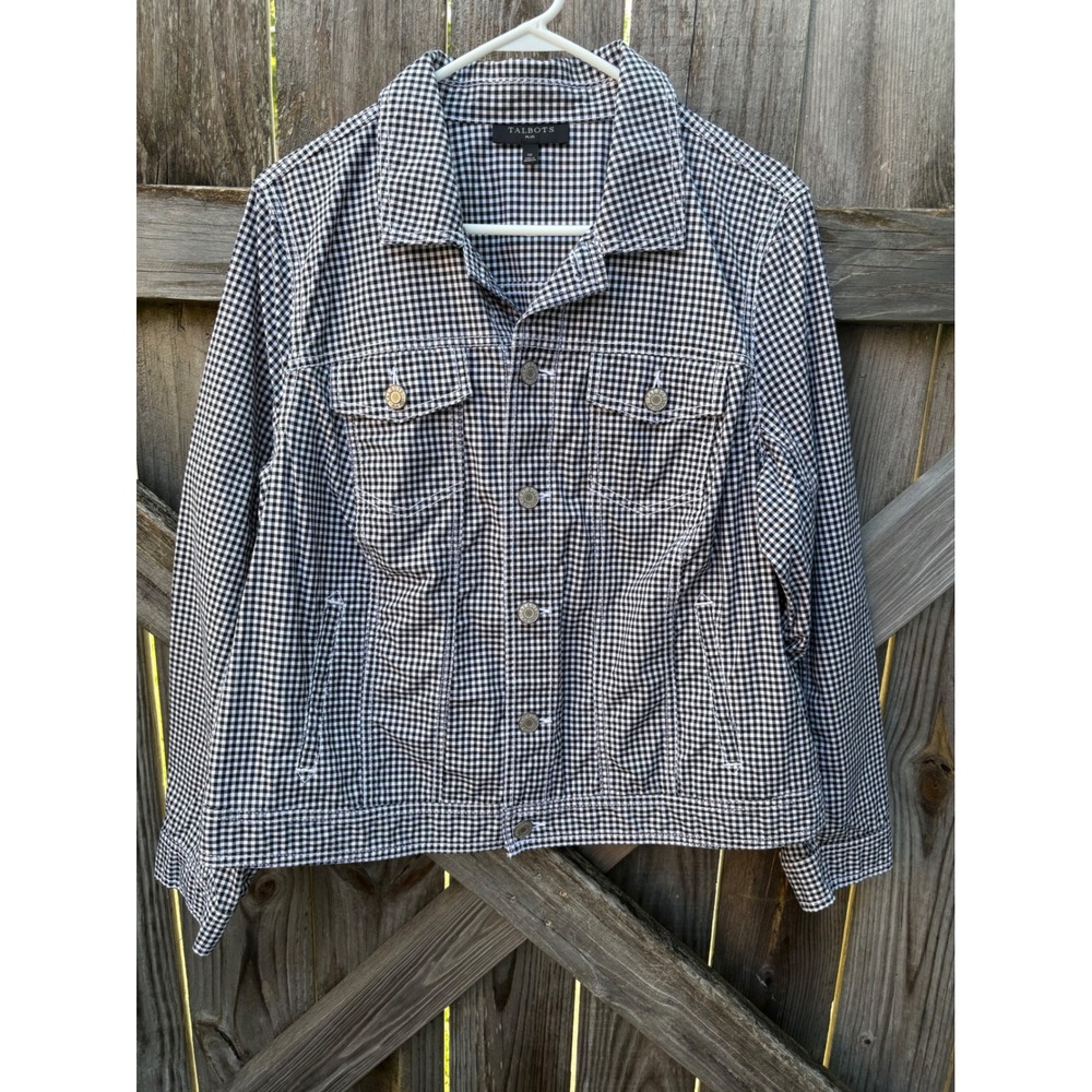 Talbots Plus Black White Gingham Jean Jacket Womens 1X Cotton Stretch Trucker